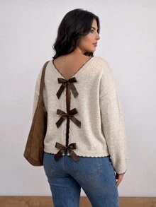 CosyJoli Cardigan Plus dengan Pita Depan dan Bahu Jatuh, Cocok untuk Kencan Malam, Liburan, Warna Putih, Musim Gugur, Gaya Peri, Kasual, Elegan, Musim Dingin. - Aprikot - View 4