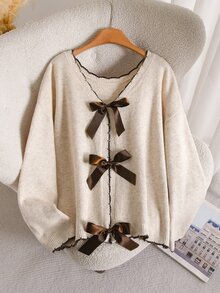 CosyJoli Cardigan Plus dengan Pita Depan dan Bahu Jatuh, Cocok untuk Kencan Malam, Liburan, Warna Putih, Musim Gugur, Gaya Peri, Kasual, Elegan, Musim Dingin. - Aprikot - View 3