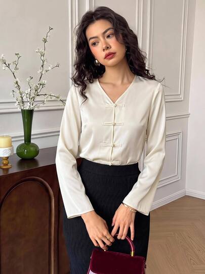 Zaforene Women's Solid Color Long Sleeve Casual Elegant Shirt Top Office Tea Party Cream White Fall New Year Outfit Chinese Style