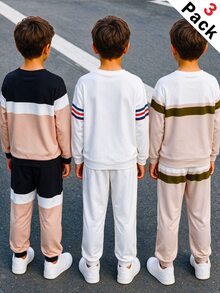 SHEIN 6件組兒童青少年男孩休閒日常百搭舒適印花圓領套頭寬鬆衛衣與收口寬鬆運動長褲針織兩件套，保暖內裡加厚衛衣套裝 - 彩色 - 查看 3