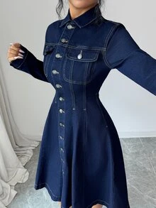 Elenzga فستان جينز كاجوال بأزرار أمامية للنساء لفصل الخريف - أزرق داكن - مشاهدة 5