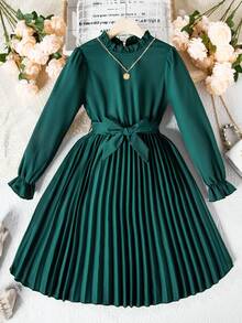 Tween Girls' Belted Mini Dress With Ruffled Hem & Waistband Decoration, Fall Dresses,Holiday,Summer,Travel, Outfit Autumn Fall - Dark Green - View 8