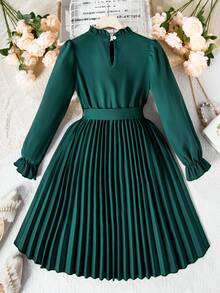 Tween Girls' Belted Mini Dress With Ruffled Hem & Waistband Decoration, Fall Dresses,Holiday,Summer,Travel, Outfit Autumn Fall - Dark Green - View 3