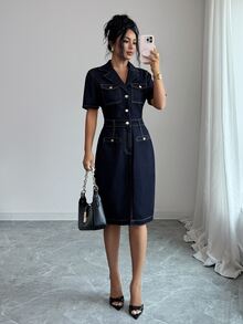 Elenzga Gaun Denim Indigo Original Slim Fit Wanita Elegan Premium untuk Perjalanan Santai dan Kencan, Banyak Saku, Kancing Emas, Potongan Slim Fit - Navy Blue - View 3