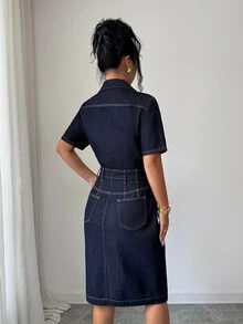 Elenzga Gaun Denim Indigo Original Slim Fit Wanita Elegan Premium untuk Perjalanan Santai dan Kencan, Banyak Saku, Kancing Emas, Potongan Slim Fit - Navy Blue - View 2
