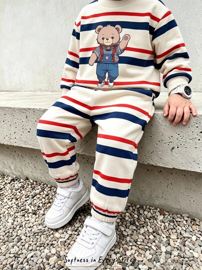 Cozy Pixies Conjunto casual y cómodo para niños y niños pequeños con pantalones de chándal, sudadera de punto de cuello redondo con estampado de oso, bloques de color y rayas