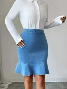 Elenzga Rok Denim Wanita Elegan, Elastis, Seksi, Bodycon, dengan Hem Berumbai, Cocok untuk Perjalanan, Kencan, dan Serbaguna - Medium Wash - View 6