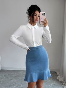 Elenzga Rok Denim Wanita Elegan, Elastis, Seksi, Bodycon, dengan Hem Berumbai, Cocok untuk Perjalanan, Kencan, dan Serbaguna - Medium Wash - View 3