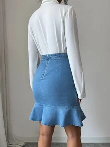 Elenzga Rok Denim Wanita Elegan, Elastis, Seksi, Bodycon, dengan Hem Berumbai, Cocok untuk Perjalanan, Kencan, dan Serbaguna - Medium Wash - View 2