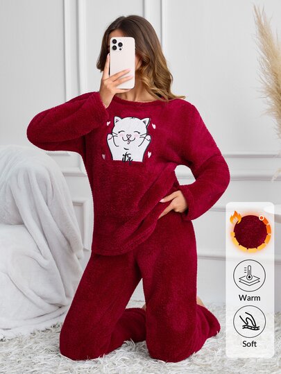 SHEIN Cottnline Hamster borduurwerk capuchon Welsoft lounge set bordeauxrood winter schattig casual kawaii slaap thuis