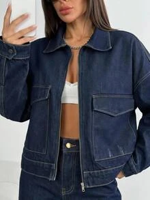 SHEIN Cottnline طقم جينز نسائي قطعتين أزرق داكن مغسول جاكيت وبنطلون جينز واسع الساق بتصميم منحني - أزرق داكن - مشاهدة 5