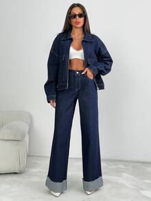 SHEIN Cottnline طقم جينز نسائي قطعتين أزرق داكن مغسول جاكيت وبنطلون جينز واسع الساق بتصميم منحني - أزرق داكن - مشاهدة 3