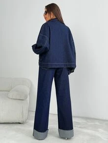 SHEIN Cottnline طقم جينز نسائي قطعتين أزرق داكن مغسول جاكيت وبنطلون جينز واسع الساق بتصميم منحني - أزرق داكن - مشاهدة 2