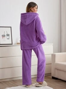 SHEIN Good Night Club Embroidery Lilac Purple Soft Welsoft Plush Lounge Set - Purple - View 2