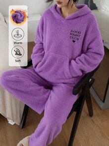 SHEIN Good Night Club Embroidery Lilac Purple Soft Welsoft Plush Lounge Set - Purple - View 1