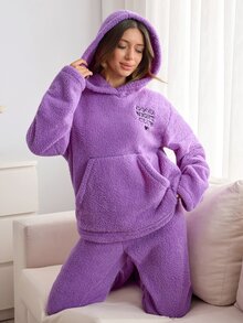 SHEIN Good Night Club Embroidery Lilac Purple Soft Welsoft Plush Lounge Set - Purple - View 4