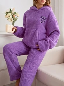 SHEIN Good Night Club Embroidery Lilac Purple Soft Welsoft Plush Lounge Set - Purple - View 5