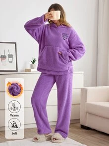SHEIN Good Night Club Embroidery Lilac Purple Soft Welsoft Plush Lounge Set - Purple - View 7