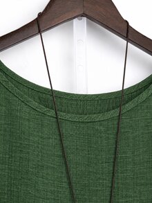 EMERY ROSE Plus Size Women 2-Piece Set Linen Asymmetrical Hem Round Neck 3/4 Sleeve Top And Loose Short Wide Leg Pants, Suitable For Casual Daily Wear - Green - View 4