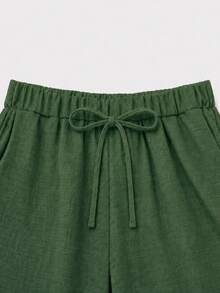 EMERY ROSE Plus Size Women 2-Piece Set Linen Asymmetrical Hem Round Neck 3/4 Sleeve Top And Loose Short Wide Leg Pants, Suitable For Casual Daily Wear - Green - View 3
