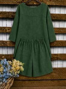 EMERY ROSE Plus Size Women 2-Piece Set Linen Asymmetrical Hem Round Neck 3/4 Sleeve Top And Loose Short Wide Leg Pants, Suitable For Casual Daily Wear - Green - View 2