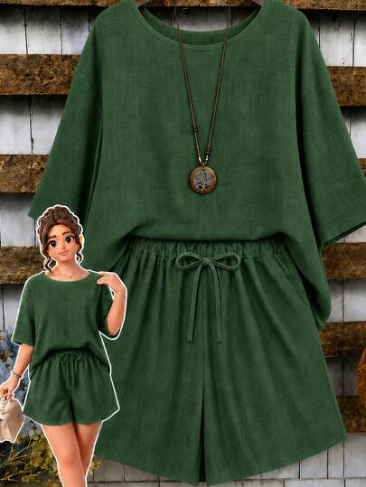 EMERY ROSE Plus Size Women 2-Piece Set Linen Asymmetrical Hem Round Neck 3/4 Sleeve Top And Loose Short Wide Leg Pants, Suitable For Casual Daily Wear