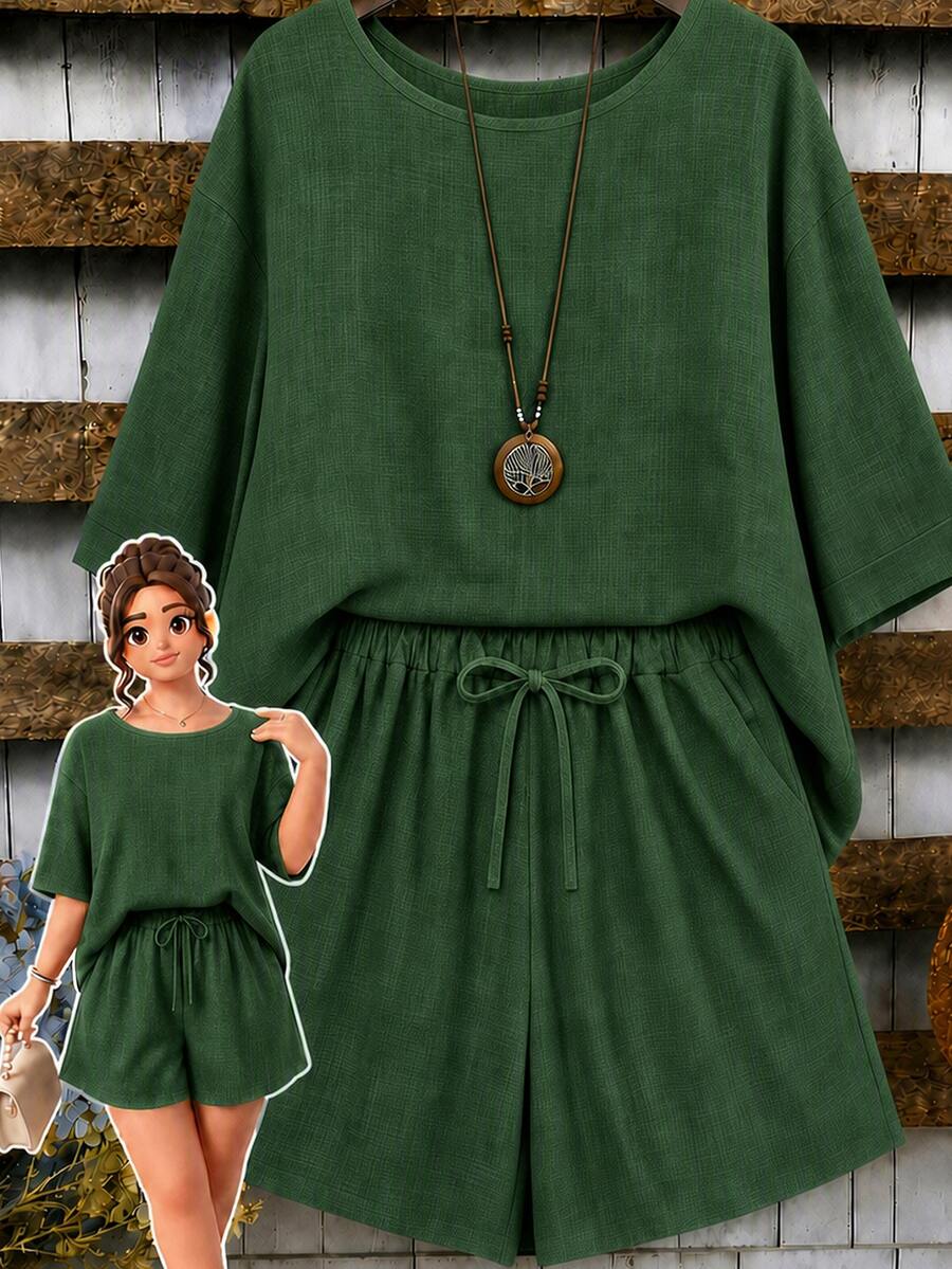 EMERY ROSE Plus Size Women 2-Piece Set Linen Asymmetrical Hem Round Neck 3/4 Sleeve Top And Loose Short Wide Leg Pants, Suitable For Casual Daily Wear - Green - View 1