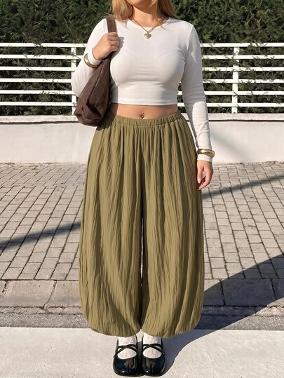 GalTyme Plus Size Solid Color Lantern Pants For Vacation And Casual Wear