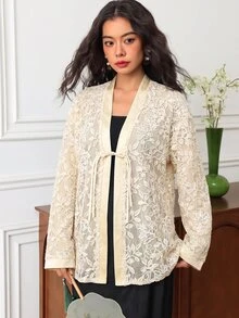 EastFlair 女款溫柔風優雅法式70年代復古80年代百搭青蛙鈕扣長袖夾克，適合婚禮日、下午茶派對、晚餐，米白色夏季款 - 杏色 - 查看 2