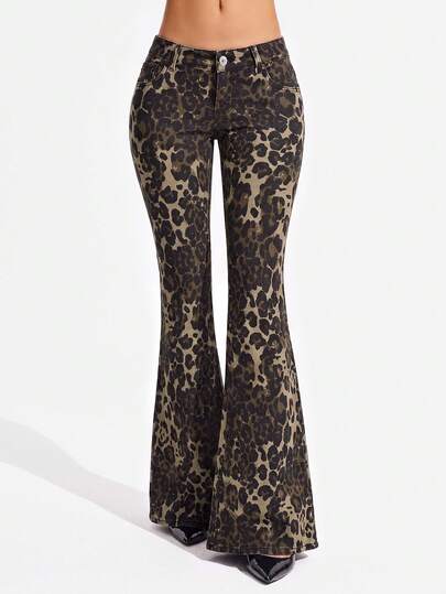 Jeanoix Halloween Vintage Y2K Sexy Flare High Waist Leopard Brown Daily Stretchy Washed Comfortable Wear Jeans For Women