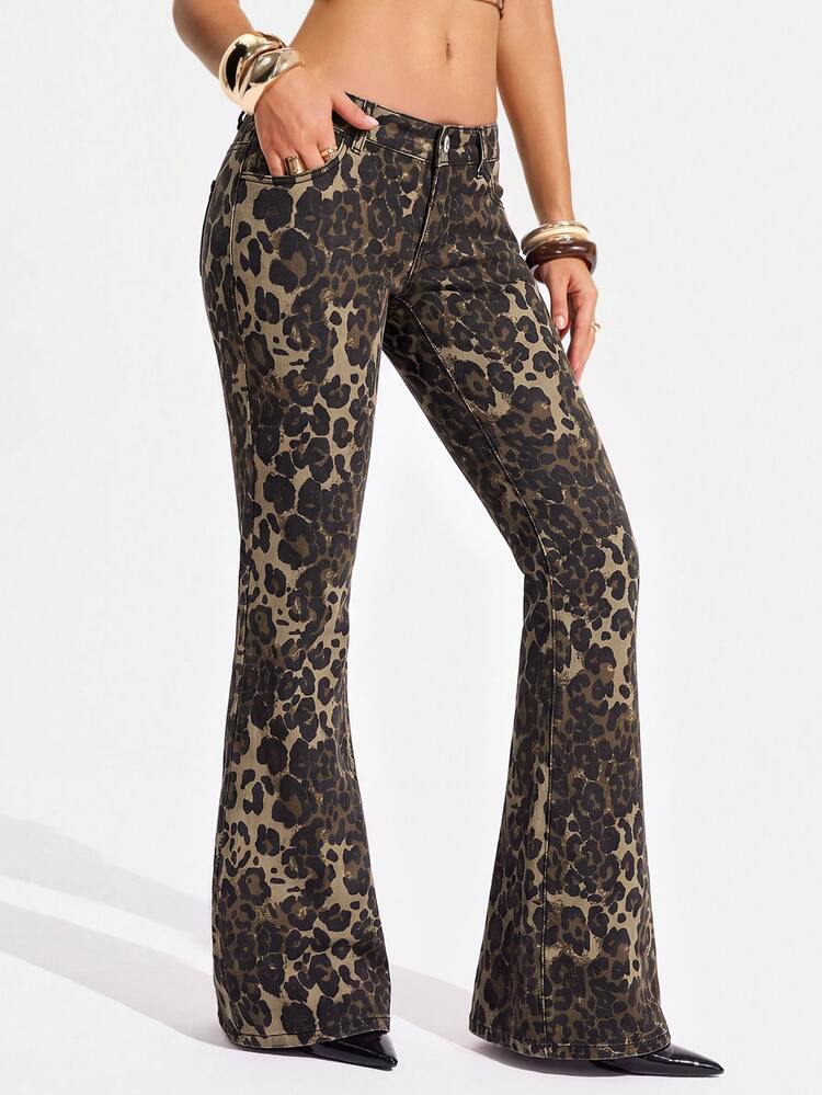 Jeanoix Halloween Vintage Y2K Sexy Flare High Waist Leopard Brown Daily Stretchy Washed Comfortable Wear Jeans For Women - Multicolor - View 7