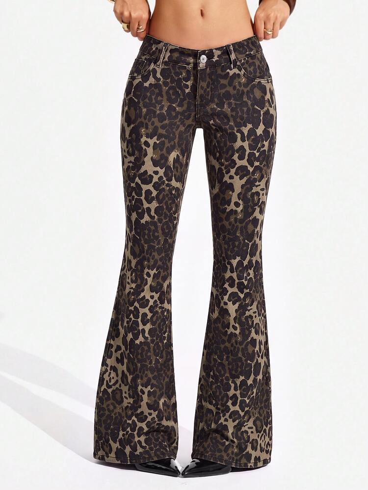 Jeanoix Halloween Vintage Y2K Sexy Flare High Waist Leopard Brown Daily Stretchy Washed Comfortable Wear Jeans For Women - Multicolor - View 5