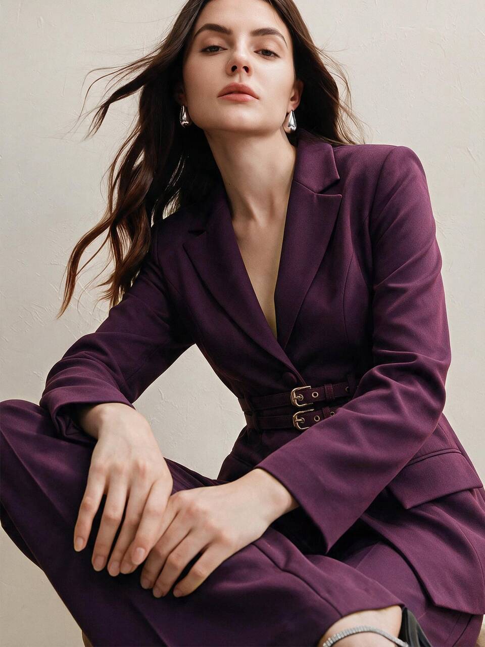 Anewsta Autumn/Winter Fashion Modern Solid Color Elegant Old Money Style Peak Lapel Double Stripe Decor Belt Blazer & Versatile Commute Minimalist Flared Pants Women 2-Piece Set