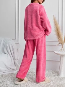 SHEIN Cottnline طقم ملابس منزلية نسائي من قماش ويلسوفت مطرز برسمة دب - وردي - مشاهدة 3