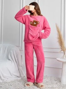 SHEIN Cottnline طقم ملابس منزلية نسائي من قماش ويلسوفت مطرز برسمة دب - وردي - مشاهدة 4