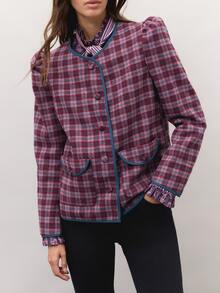 Nöista Plaid Jacket With Round Collar, Button Front, And Pockets. Fall, Winter, Autumn, College, Office, Cozy Everyday Look, Layering, Outerwear, Warm.. - Green - View 3