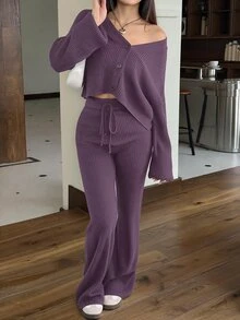 SHEIN EZwear 2件組女款休閒純色寬肩帶開襟衫與抽繩腰喇叭褲套裝，秋冬穿搭 - 咖啡棕 - 查看 6