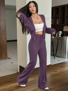 SHEIN EZwear 2件組女款休閒純色寬肩帶開襟衫與抽繩腰喇叭褲套裝，秋冬穿搭 - 咖啡棕 - 查看 3