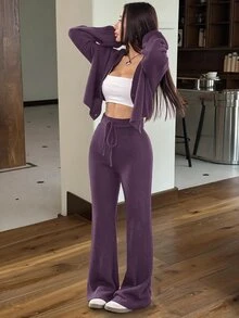 SHEIN EZwear 2件組女款休閒純色寬肩帶開襟衫與抽繩腰喇叭褲套裝，秋冬穿搭 - 咖啡棕 - 查看 4