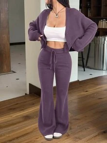 SHEIN EZwear 2件組女款休閒純色寬肩帶開襟衫與抽繩腰喇叭褲套裝，秋冬穿搭 - 咖啡棕 - 查看 7