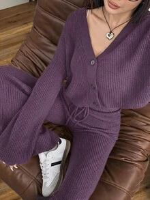 SHEIN EZwear 2件組女款休閒純色寬肩帶開襟衫與抽繩腰喇叭褲套裝，秋冬穿搭 - 咖啡棕 - 查看 1