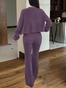 SHEIN EZwear 2件組女款休閒純色寬肩帶開襟衫與抽繩腰喇叭褲套裝，秋冬穿搭 - 咖啡棕 - 查看 2