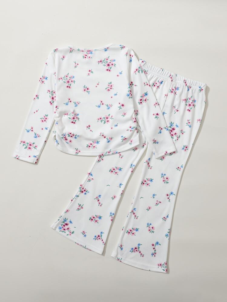 Maija Kids Maija Kids Young Girl 1 Set Young Girl Elegant Academy Casual Birthday Exquisite Comfortable Basic Inner Layer Cute Sweet Floral Round Neck T-Shirt Flare Pants Set - Multicolor - View 3