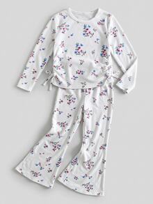 Maija Kids Maija Kids 女童 1 套優雅學院風休閒生日裝 精緻舒適基礎內搭可愛甜美花卉圓領 T 恤喇叭褲套裝 - 彩色 - 查看 2