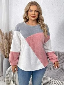 SHEIN CURVE+ Plus Colorblock Drop Shoulder Teddy Sweatshirt Winter - Multicolor - View 3