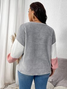 SHEIN CURVE+ Plus Colorblock Drop Shoulder Teddy Sweatshirt Winter - Multicolor - View 2