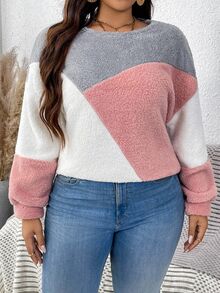 SHEIN CURVE+ Plus Colorblock Drop Shoulder Teddy Sweatshirt Winter - Multicolor - View 4