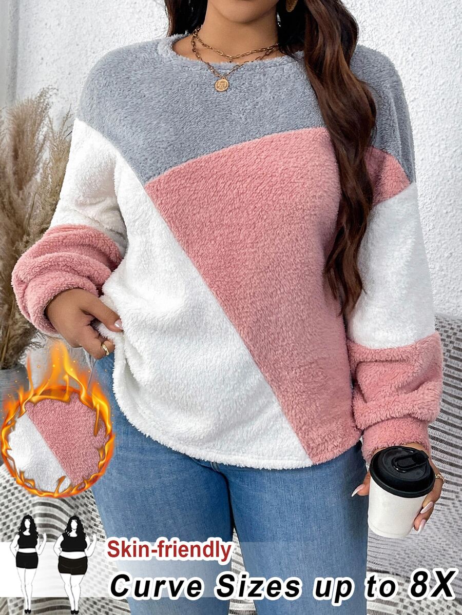 SHEIN CURVE+ Plus Colorblock Drop Shoulder Teddy Sweatshirt Winter - Multicolor - View 1
