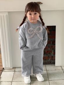 DAZY 2pcs Baby Girls Crew Neck Bow Decor Long Sleeve Sweatshirt And Loose Fit Sweatpants Set Toddler Girls Clothes - Grey - View 3