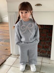 DAZY 2pcs Baby Girls Crew Neck Bow Decor Long Sleeve Sweatshirt And Loose Fit Sweatpants Set Toddler Girls Clothes - Grey - View 6